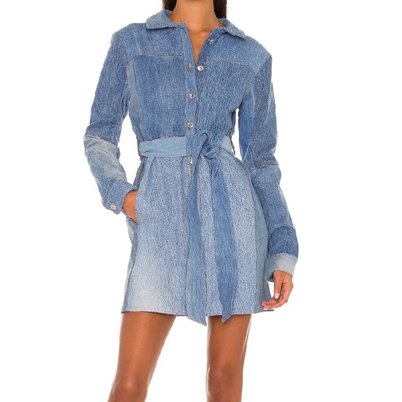 🆕EB DENIM KLIED DENIM BELTED TRENCH PATCHWORK BUTTON UP LONG SLEEVE MINI DRESS - Picture 4 of 7